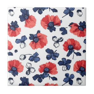 Navy Blue & Coral Poppy Floral Vintage Tile