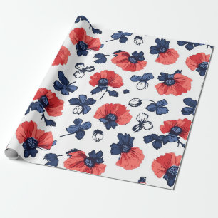 Navy Blue & Coral Poppy Floral Vintage Wrapping Paper