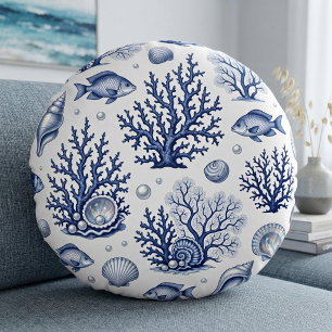 Navy Blue Coral Reef marine Life Ivory Vintage Sea Round Cushion