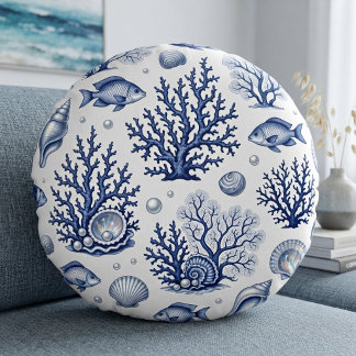 Navy Blue Coral Reef marine Life Ivory Vintage Sea Round Cushion