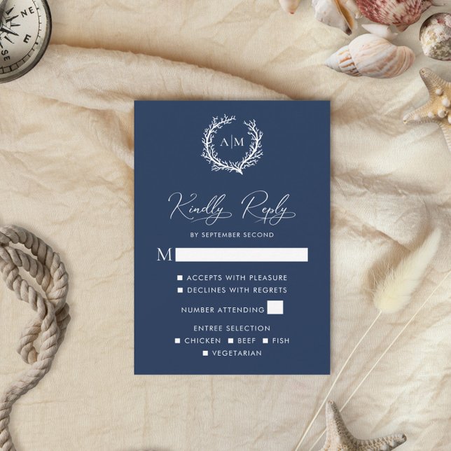 Navy Blue Coral Reef Nautical Wedding RSVP Card (Creator Uploaded)