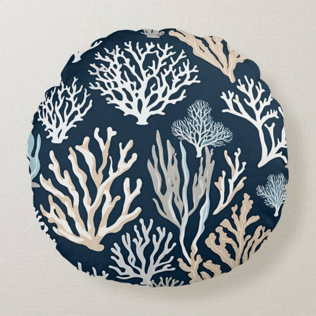 Navy Blue Coral Reef Sealife Ocean Coastal  Round Cushion (Front)