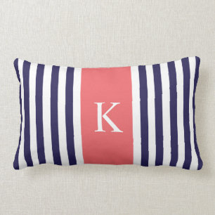 Navy Blue Coral Stripes Monogram Lumbar Cushion