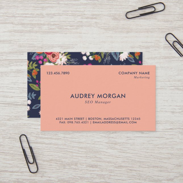 Navy Blue & Coral - Vibrant Boho Floral Pattern Business Card (Front/Back In Situ)