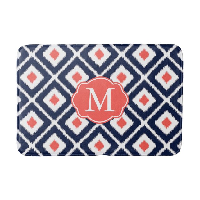 Navy Blue, Coral, White Ikat Diamond Pattern Bath Mat (Front)