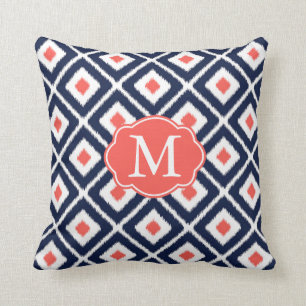 Navy Blue, Coral, White Ikat Diamond Pattern Cushion