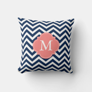 Navy Blue Coral Zigzag Pattern Monogram Cushion