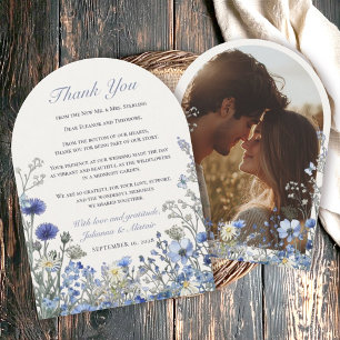 Navy Blue Cornflower Wildflower Arch Photo Wedding Invitation