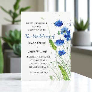 Navy Blue Cornflowers Watercolor Floral Wedding Invitation
