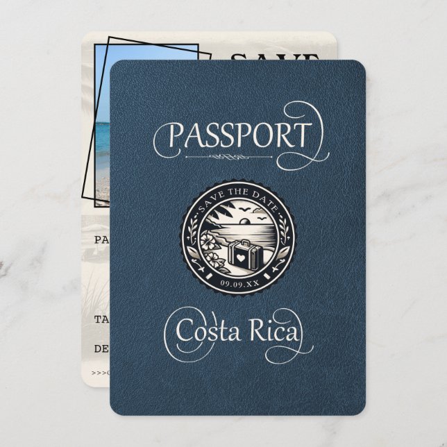 Navy Blue Costa Rica Passport Save The Date (Front/Back)
