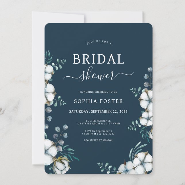 Navy Blue cotton flowers elegant Bridal Shower Invitation (Front)