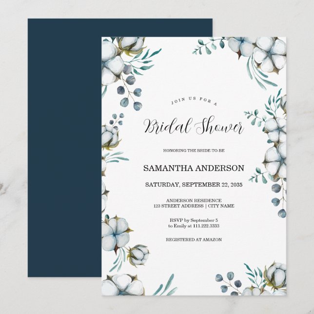 Navy blue Cotton flowers eucalyptus Bridal Shower Invitation (Front/Back)