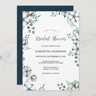 Navy blue Cotton flowers eucalyptus Bridal Shower Invitation