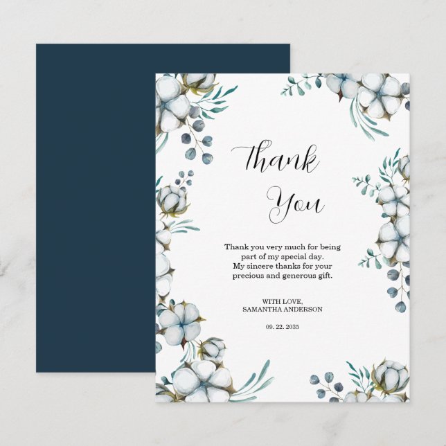 Navy blue Cotton flowers eucalyptus Bridal Shower Thank You Card (Front/Back)