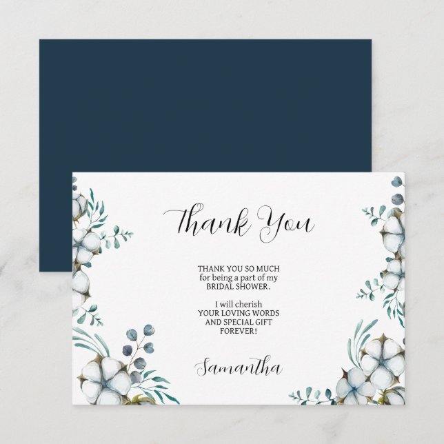 Navy blue Cotton flowers eucalyptus Bridal Shower Thank You Card (Front/Back)