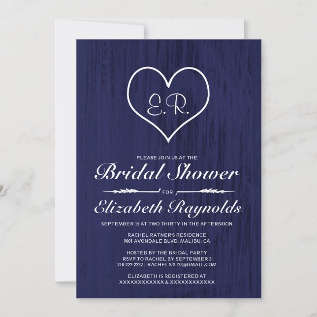 Navy Blue Country Bridal Shower Invitations (Front)
