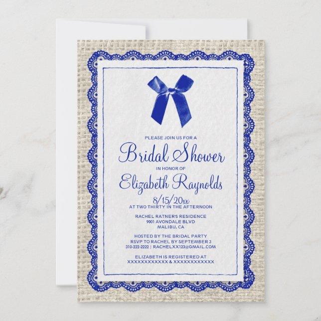 Navy Blue Country Burlap Bridal Shower Invitations (Front)