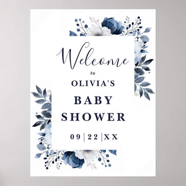 Navy Blue Country Floral Baby Shower Welcome Sign (Front)
