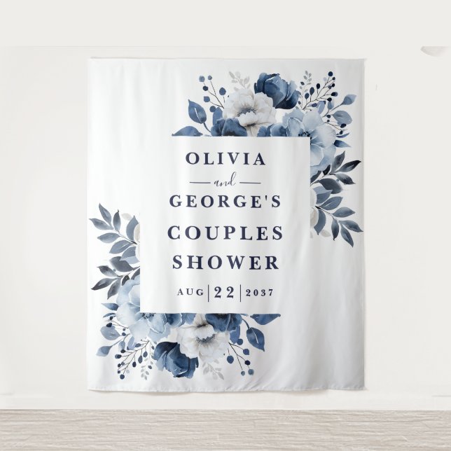 Navy Blue Country Floral Couples Shower Backdrop Tapestry (Front)