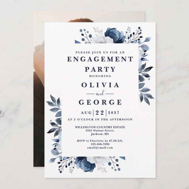 Navy Blue Country Floral Engagement Party Photo Invitation (Front/Back)