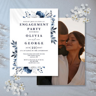 Navy Blue Country Floral Engagement Party Photo Invitation