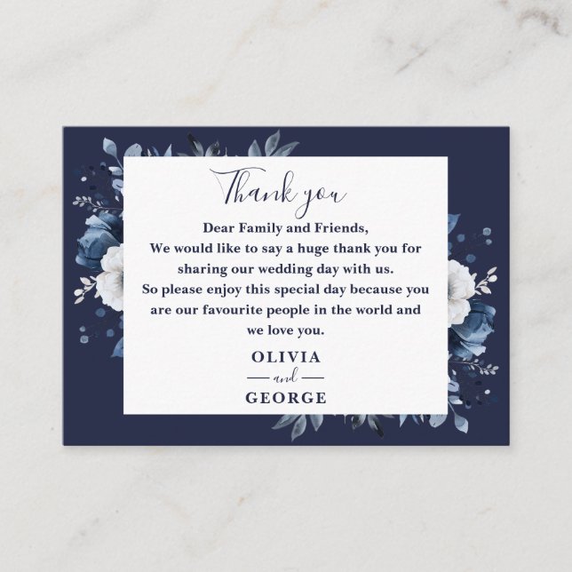 Navy Blue Country Floral Wedding Thank You Place Card (Front)