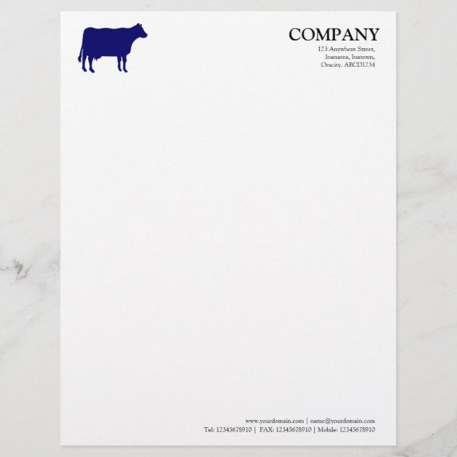 Navy Blue Cow - White Personalized Letterhead (Front)