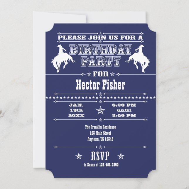 Navy Blue Cowboy Rodeo Birthday Party Invitation (Front)