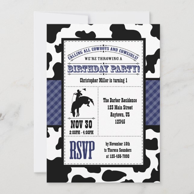 Navy Blue Cowhide Cowboy Birthday Invitation (Front)