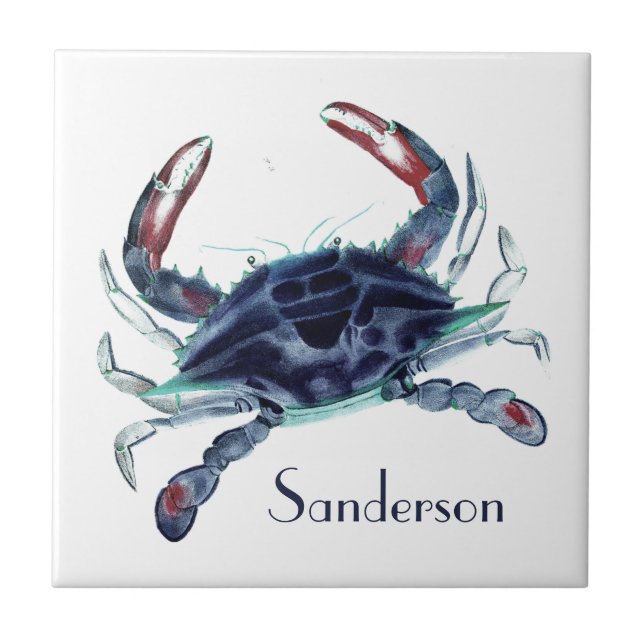Navy blue crab nautical coastal  tile (Front)