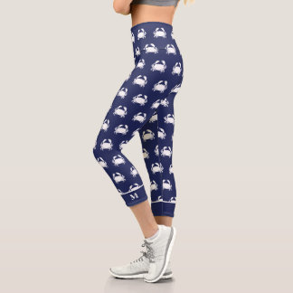 Navy Blue Crab Pattern Nautical Personalise Beach Capri Leggings