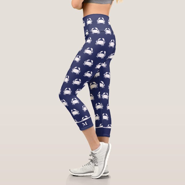 Navy Blue Crab Pattern Nautical Personalise Beach Capri Leggings (Left)
