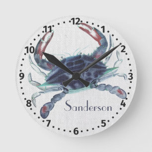 Navy blue crab watercolor nautical coastal round clock