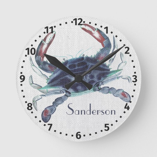 Navy blue crab watercolor nautical coastal round clock (Front)