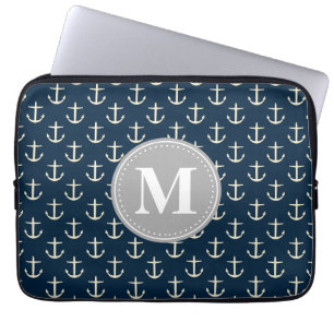 Navy Blue Cream Anchor Pattern Grey Monogram Laptop Sleeve