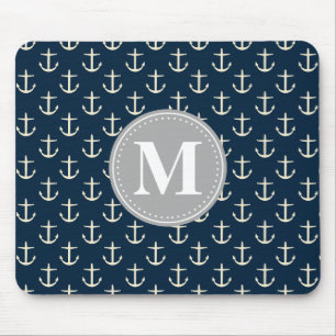 Navy Blue Cream Anchor Pattern Grey Monogram Mouse Mat