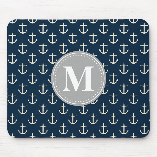 Navy Blue Cream Anchor Pattern Grey Monogram Mouse Mat (Front)