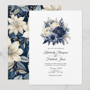 Navy Blue, Cream and Silver Floral Wedding Invitation