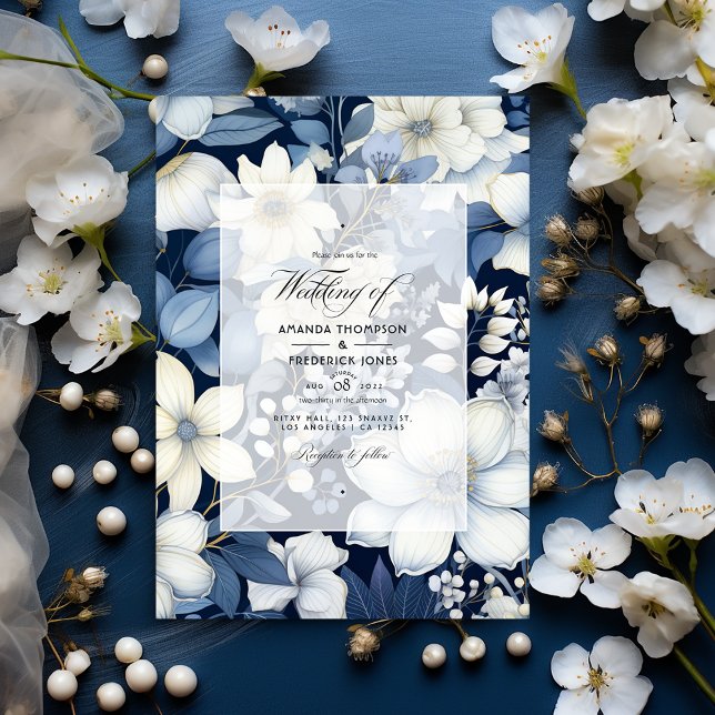 Navy Blue, Cream and Silver Floral Wedding Invitation (Creator Uploaded)