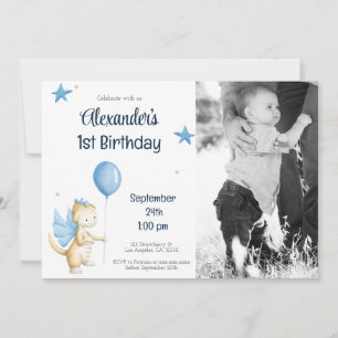 Navy Blue Cream Dragon and Balloon First Birthday Invitation