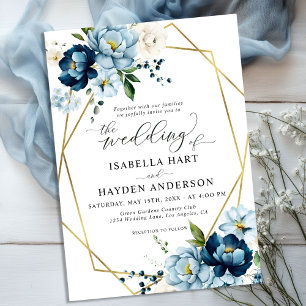 Navy Blue Cream Elegant Floral Gold Frame Wedding Invitation