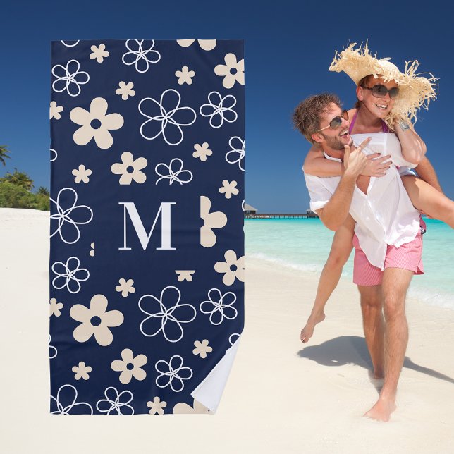 Navy blue cream flower pattern retro beach towel (Creator Uploaded)