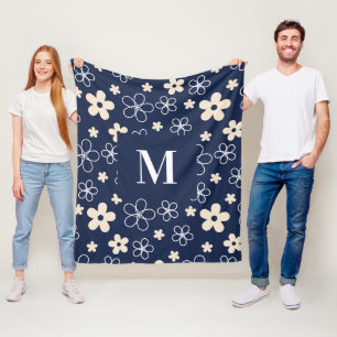 Navy blue cream flower pattern retro fleece blanket