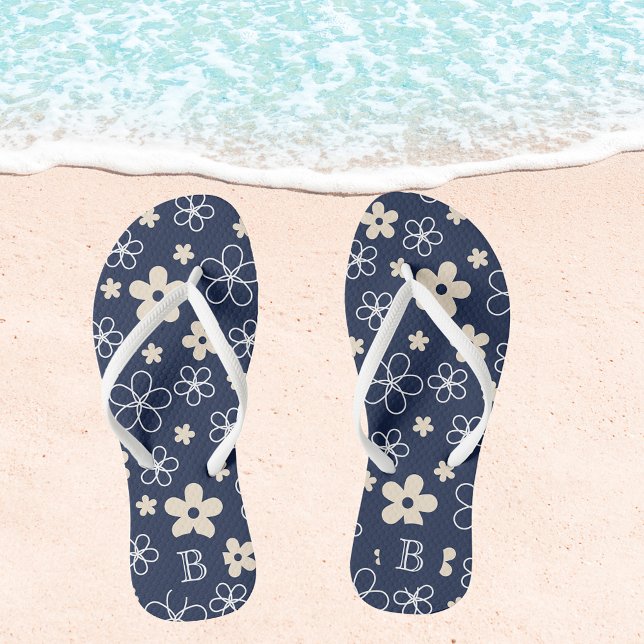 Navy blue cream flower pattern retro flip flops (Creator Uploaded)