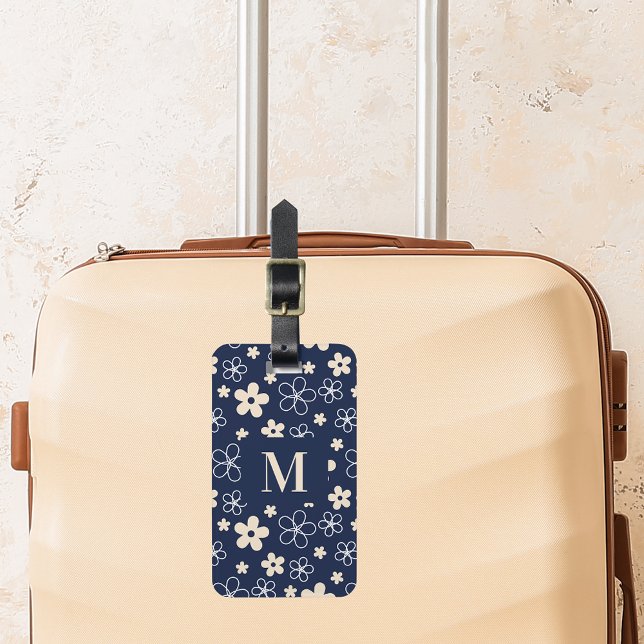 Navy blue cream flower pattern retro luggage tag (Creator Uploaded)