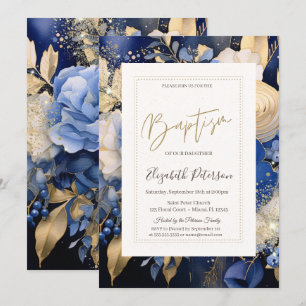 Navy Blue Cream Flowers Baptism Invitation