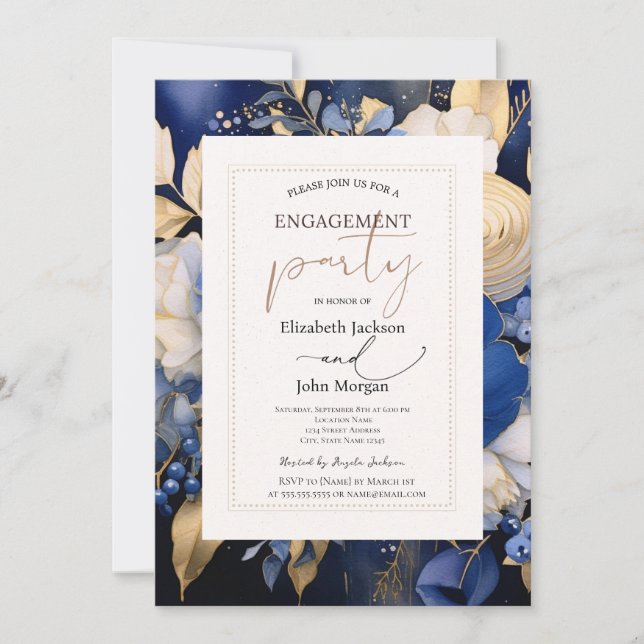 Navy Blue Cream Flowers Engagement Party Invitation (Front)