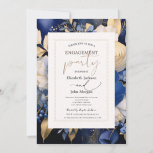 Navy Blue Cream Flowers Engagement Party Invitation