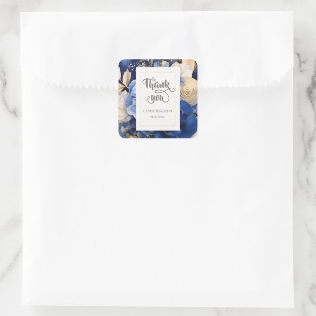 Navy Blue Cream Flowers  Square Sticker (Bag)