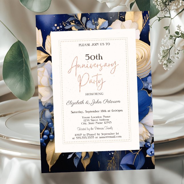 Navy Blue Cream Flowers Wedding Anniversary Invitation (Creator Uploaded)